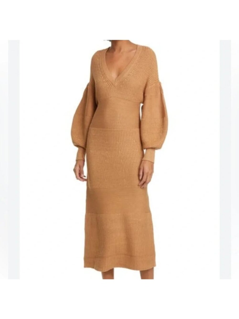 Staud Camel Ribbed V-Neck Knit Midi Dress XS